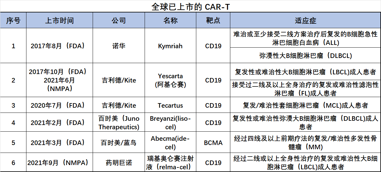 全球已上市CAR T