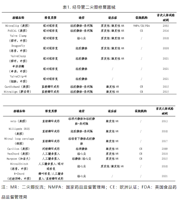 表1　部分已获批上市和在研经导管二尖瓣修复器械